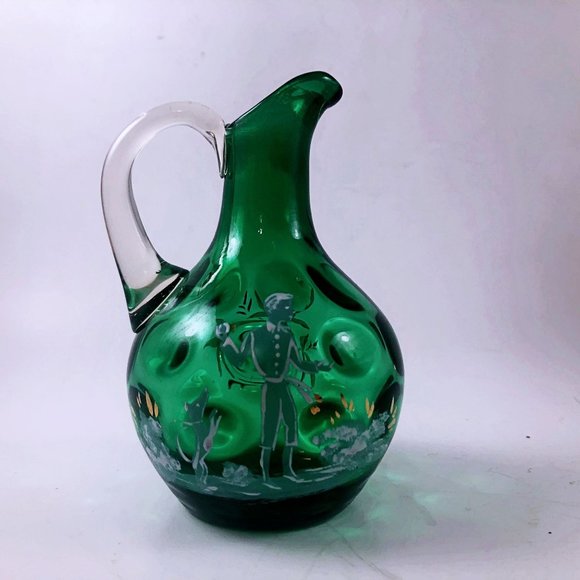 Vintage Hand Painted Mary Gregory Like Pitcher Emerald Green Glass Cruet - Picture 1 of 8